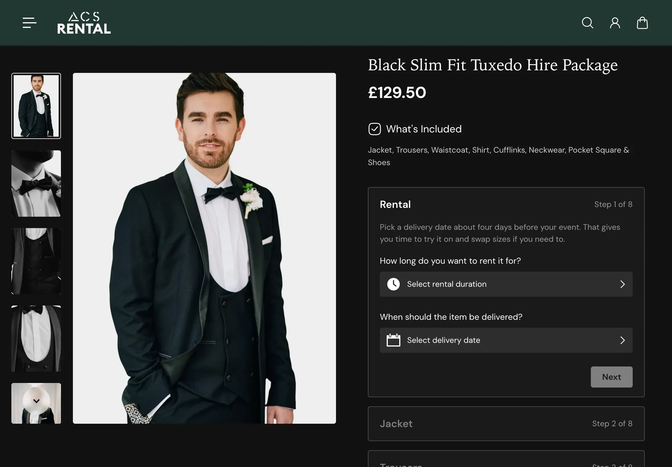 Suit hire tablet view