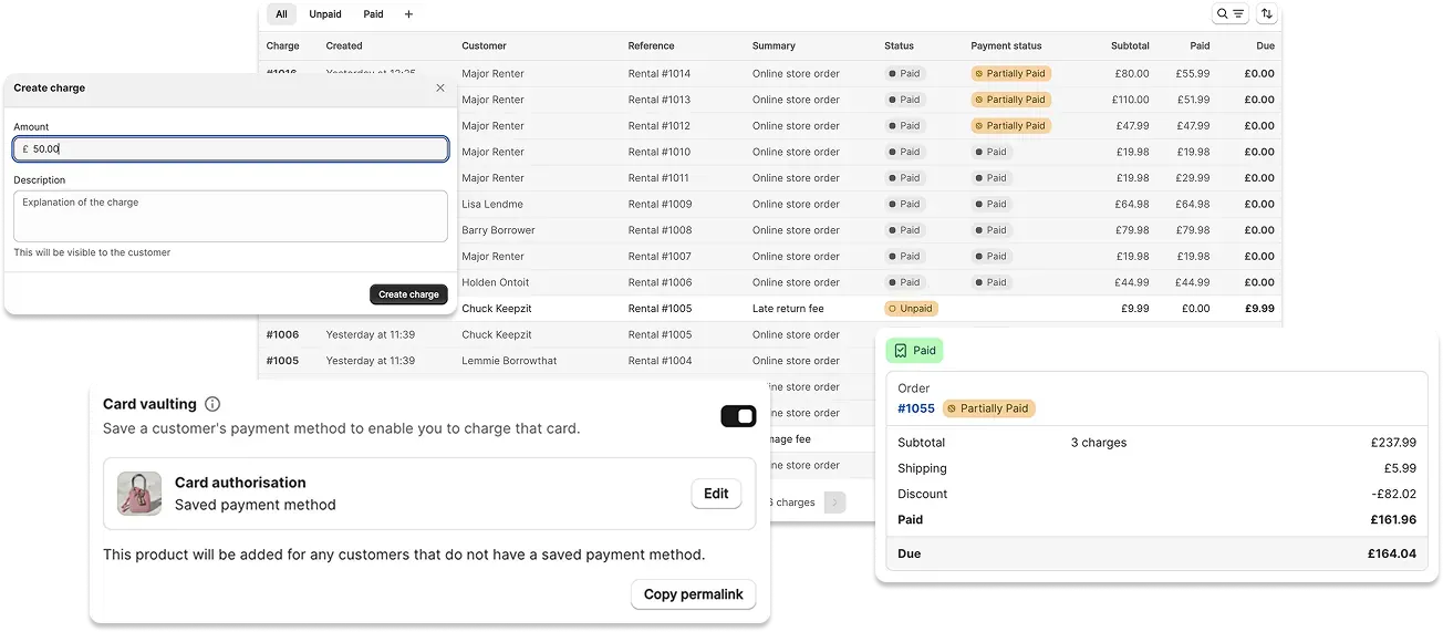 Card vaulting and charges interface