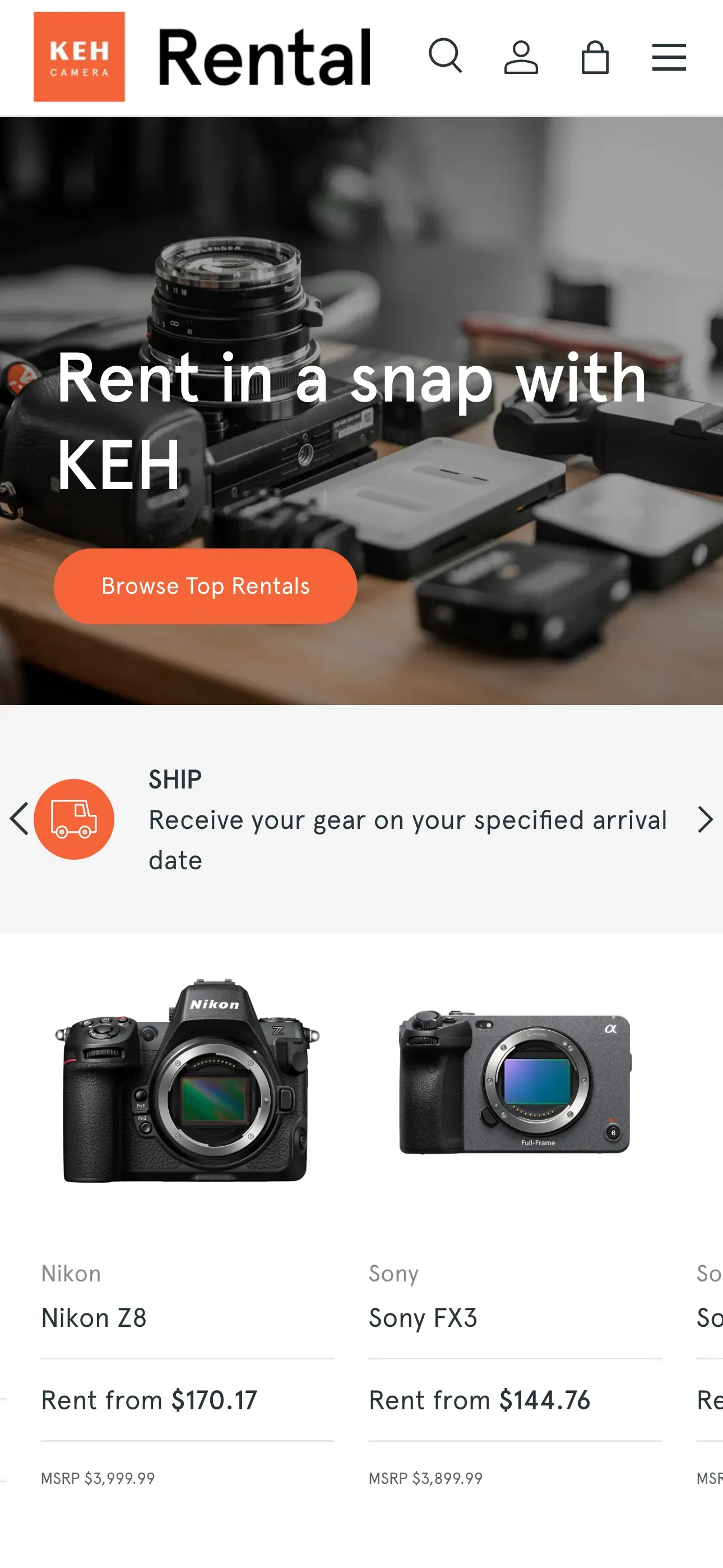 Camera rental mobile view