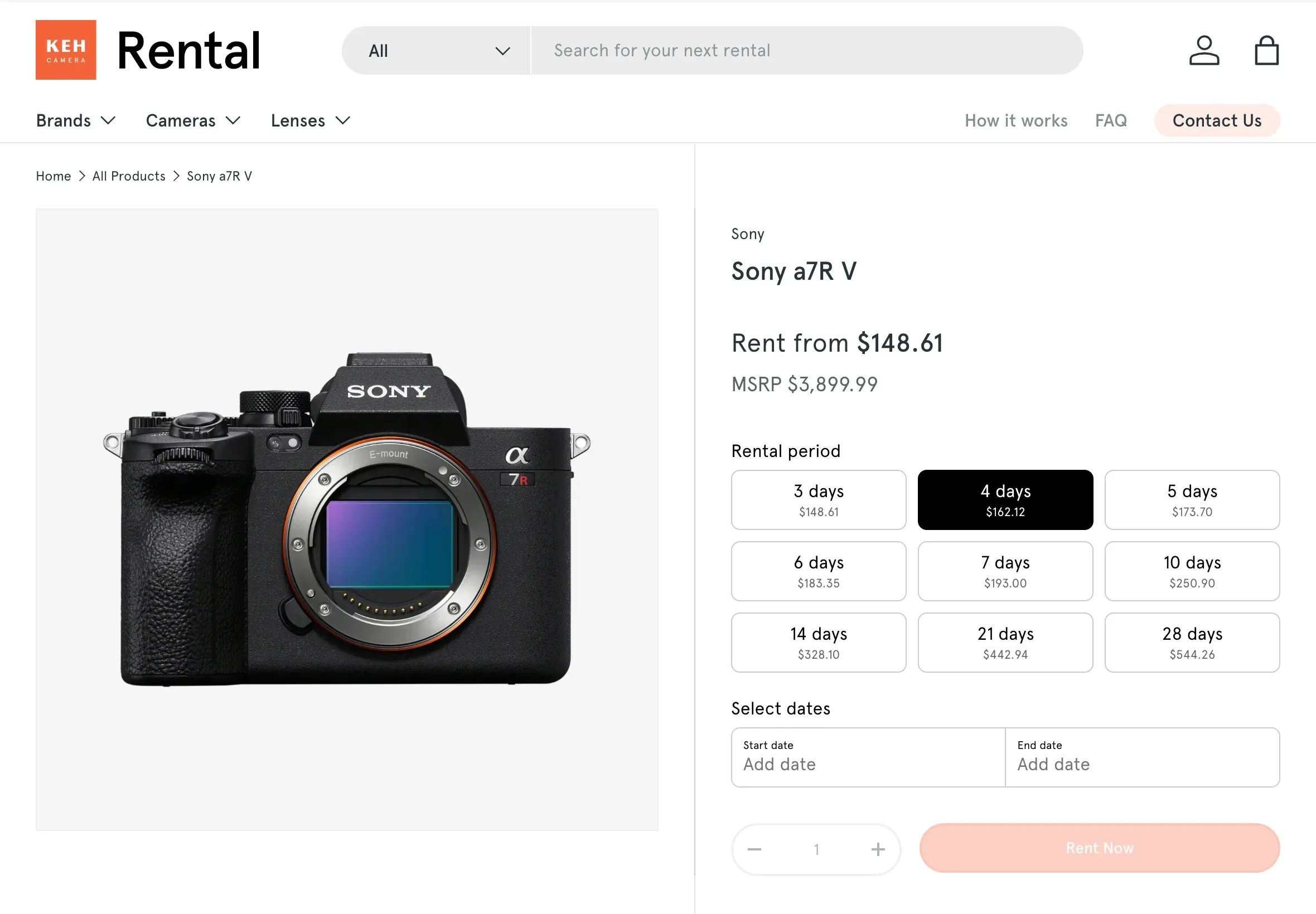 Camera rental tablet view