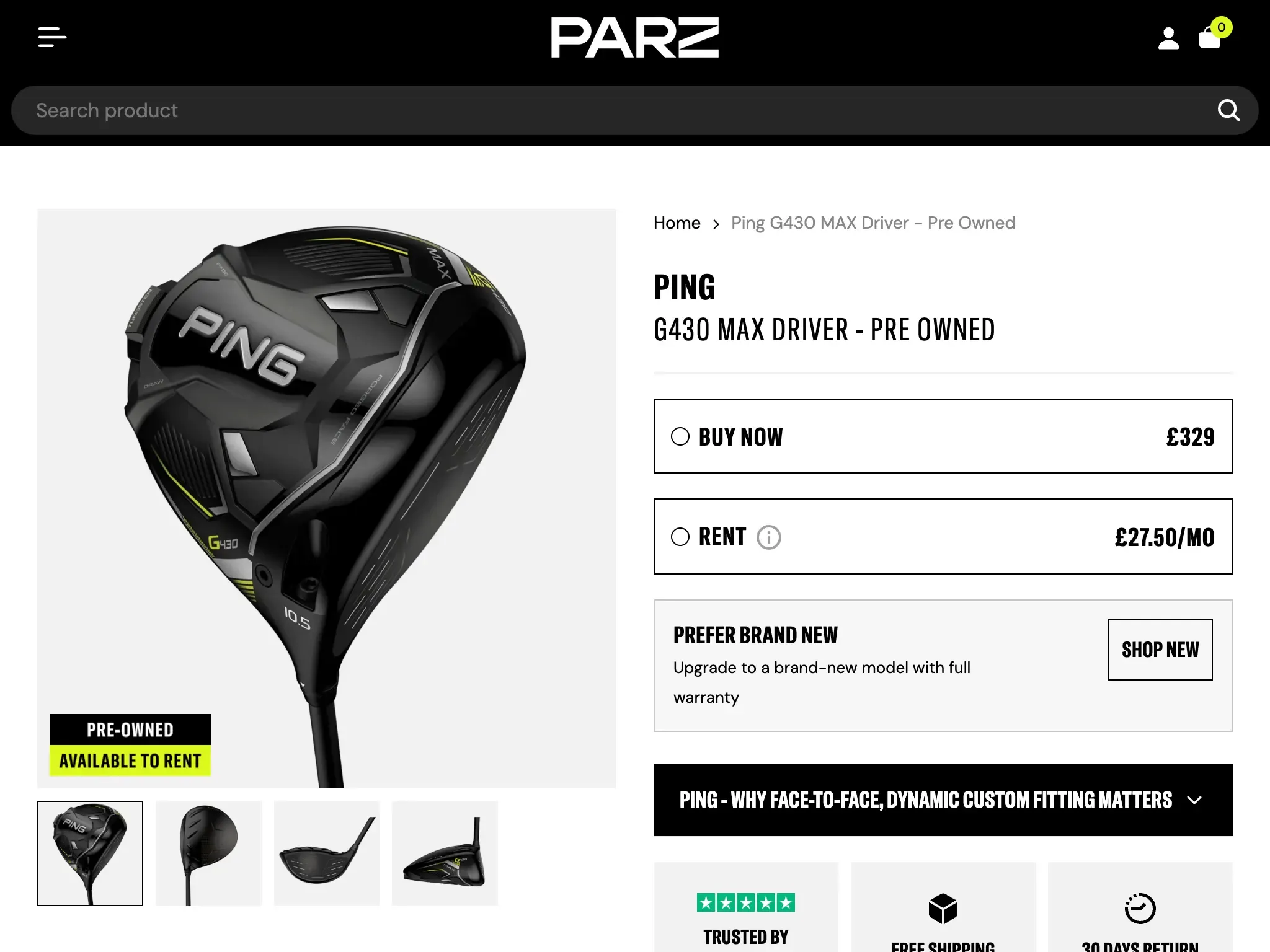 Golf equipment rental tablet view
